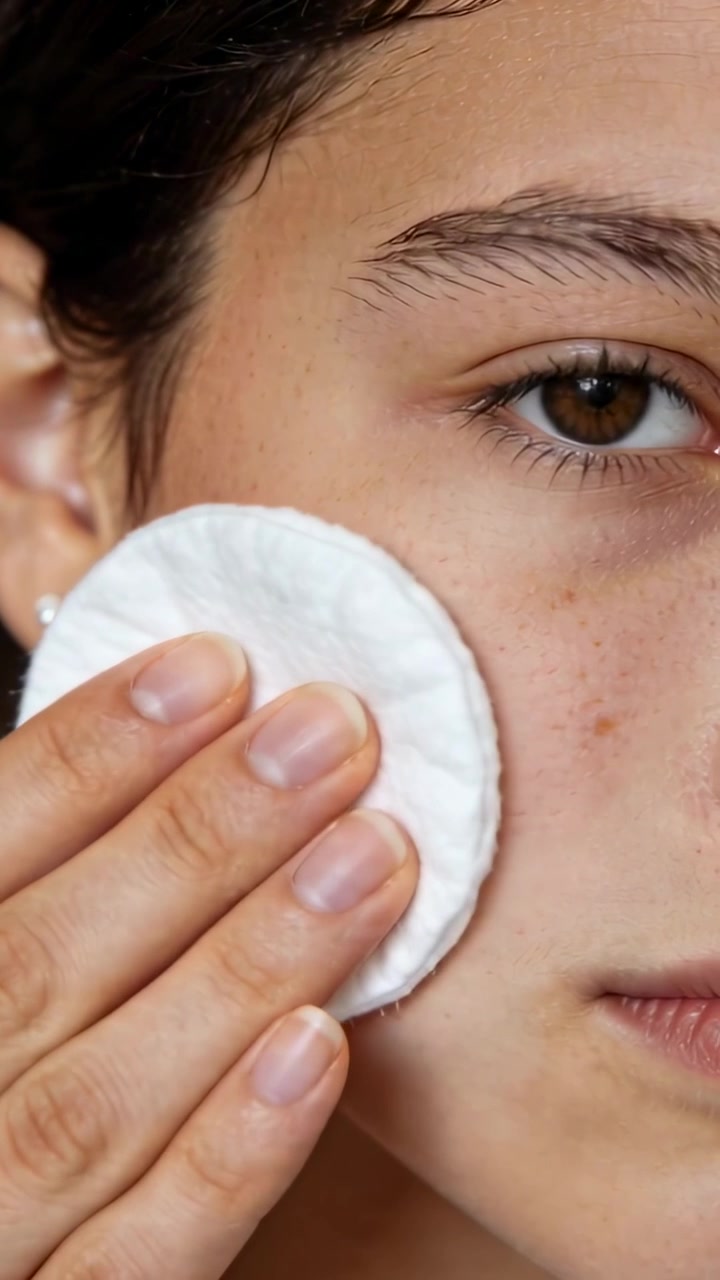 Vertical video: Pressing teen girl wiping cheek with cotton pad in bathroom at home, cleansing skin