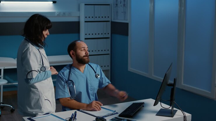 Medici che lavorano fino a tardi in ospedale