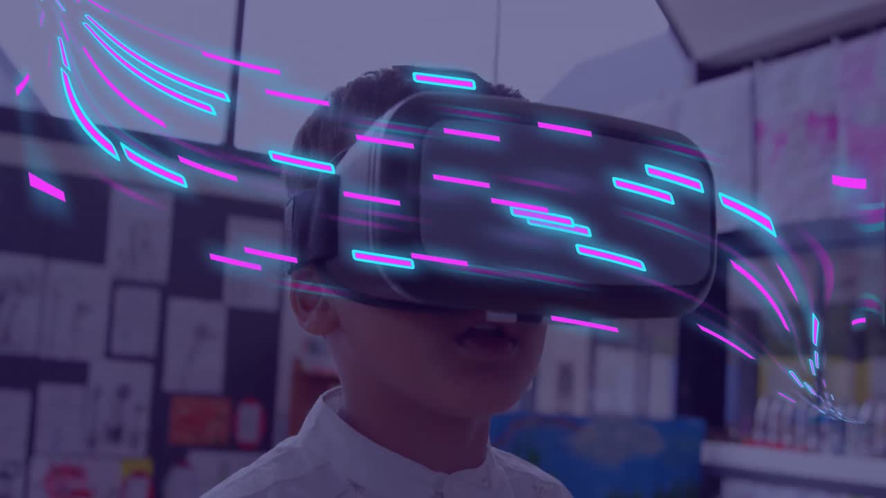 Animation of glowing light trails of data transfer over biracial boy in vr headset