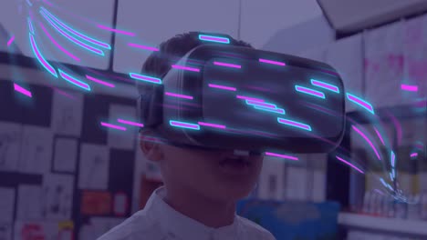 animación de rastros de luz brillante de transferencia de datos sobre un niño biracial en auriculares vr.