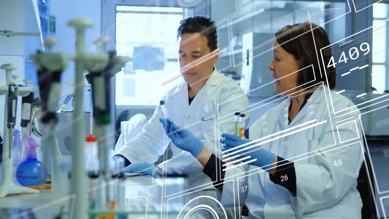 Woman presenting vial guiding man pipetting sample for research, HUD overlay moving across right