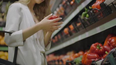 hands take few colorful pepper one by one in marketplace and hold. close up concept of selection buy quality fruit or red vegetables. young woman pick up some tasty freshness ingredient for cooking