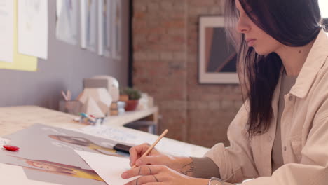 diseñadora gráfica concentrada dibujando mientras se sienta en el escritorio de dibujo en un estudio de animación 1