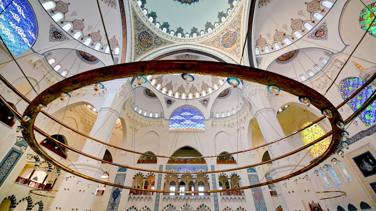 Interior view of the Camlica Mosque in Istanbul, Turkey. Painted ceiling