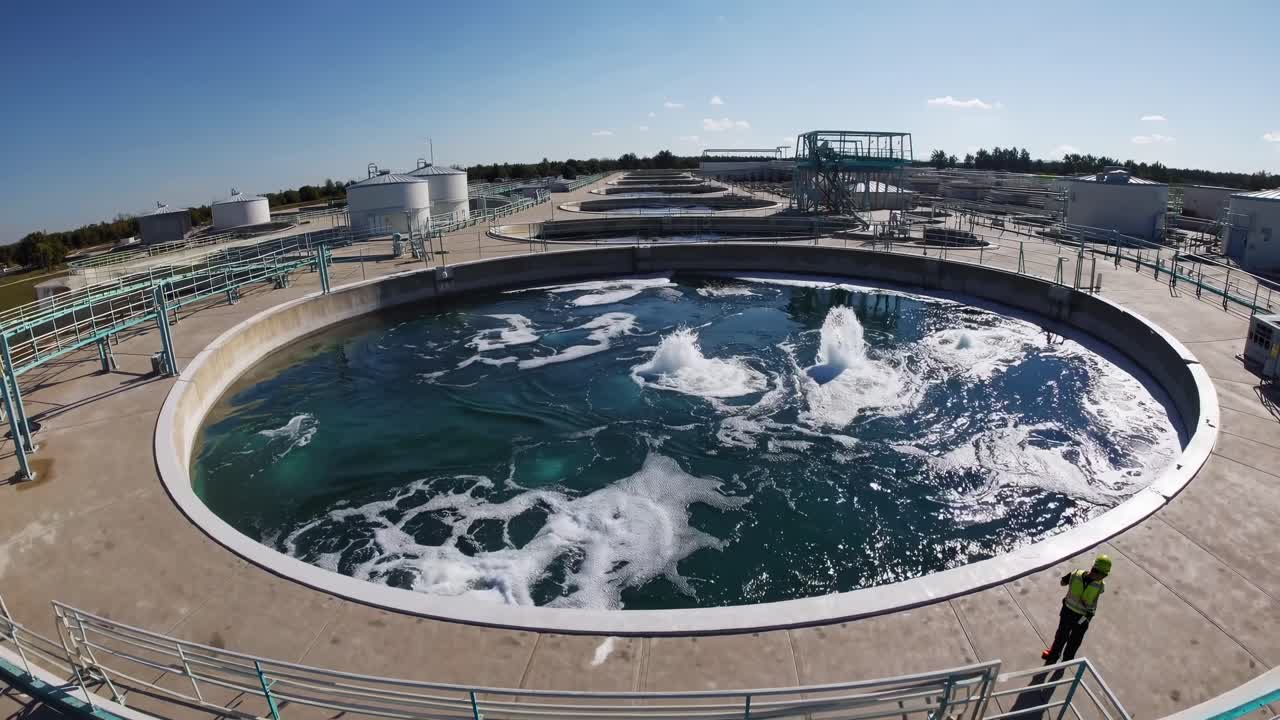 Vista aerea di un impianto di trattamento delle acque, che mostra serbatoi circolari e infrastrutture.