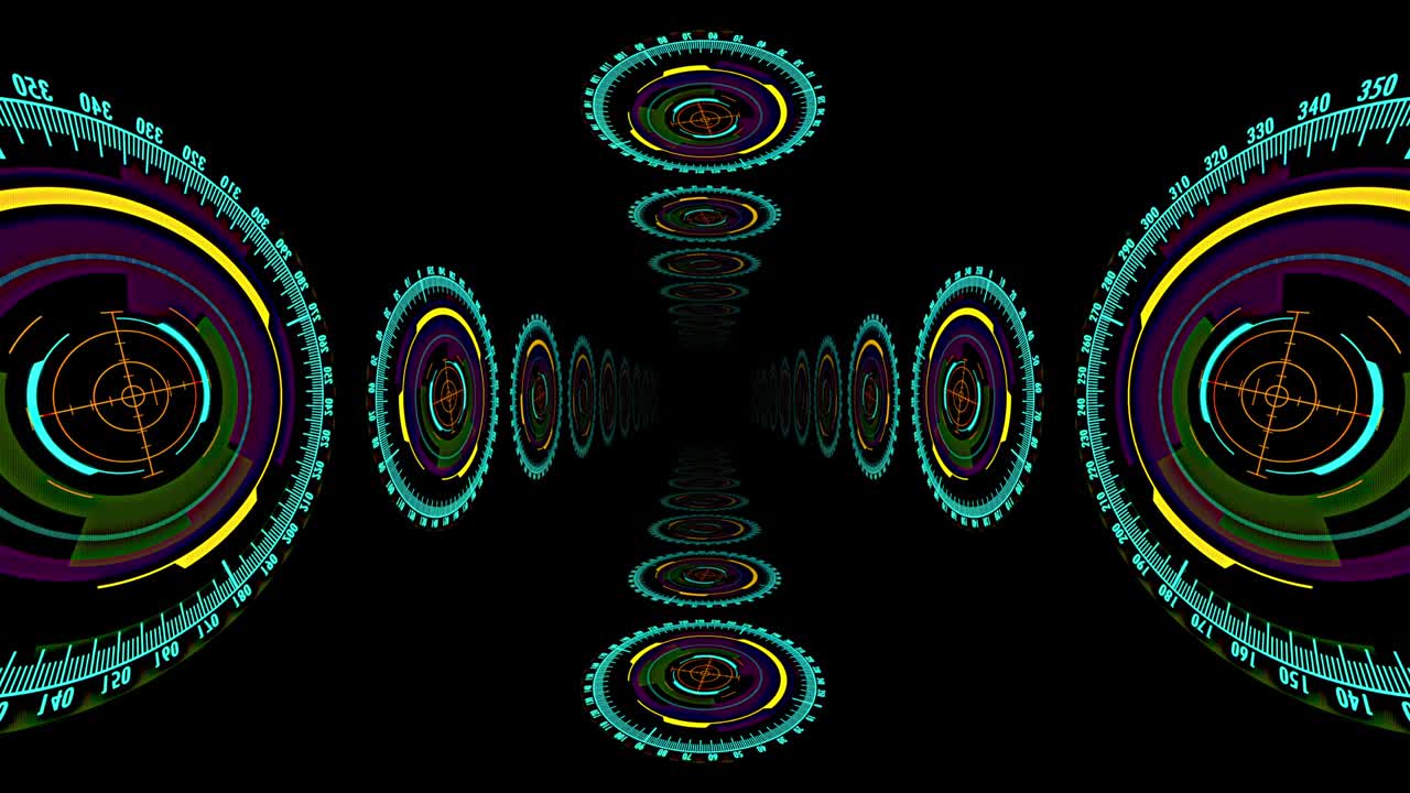 un caleidoscopio 3d brújula digital de alta tecnología con mira telescópica giratoria contra un fondo negro - bucle sin costuras
