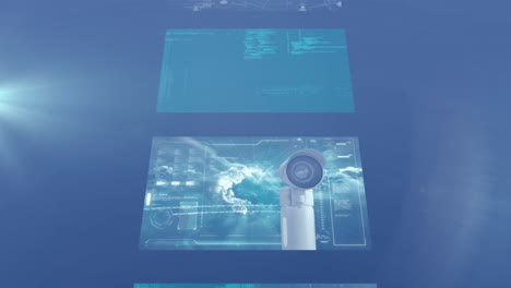 animation of screens with data processing and light spot against blue background