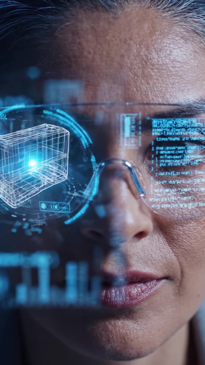 Um close-up de uma mulher usando óculos avançados de realidade aumentada para interagir com conteúdo digital 3D e dados visuais em um cenário futurista