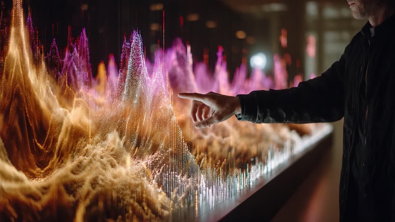 A person exploring a vibrant digital landscape of sound waves, visualizing the nuances of audio frequencies through colorful peaks and valleys in an interactive display
