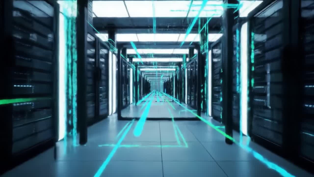 A mesmerizing journey through a spacious data center filled with sleek server racks. Neon lights illuminate the paths between them, showcasing modern infrastructure and innovative design.