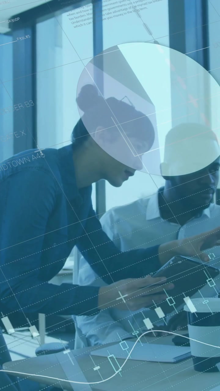 Animation of financial data processing over diverse business people in office