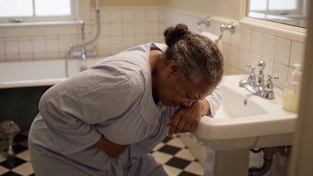 An Elderly Woman Struggles with Pain in a Bathroom, Clutching Her Abdomen in a Moment of Distress and Vulnerability as She Leans Against the Sink