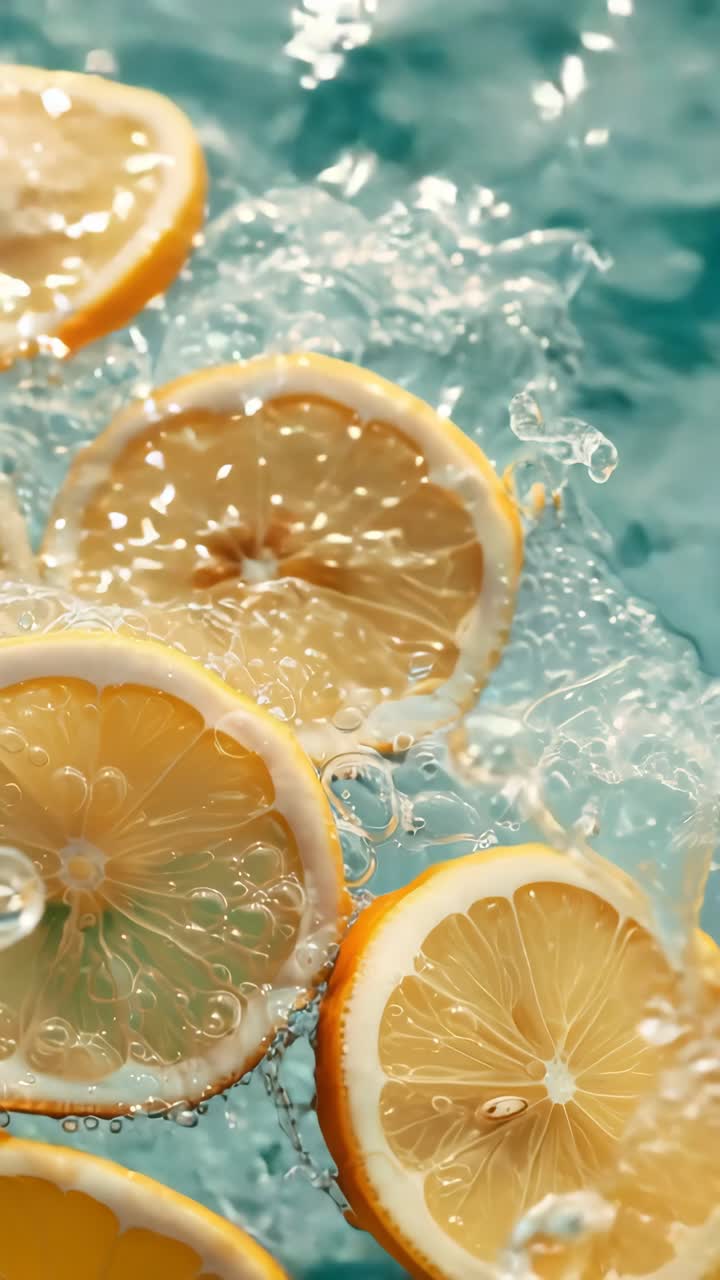 Close-up, top-down view of lemon slices splashing into water, capturing dynamic motion