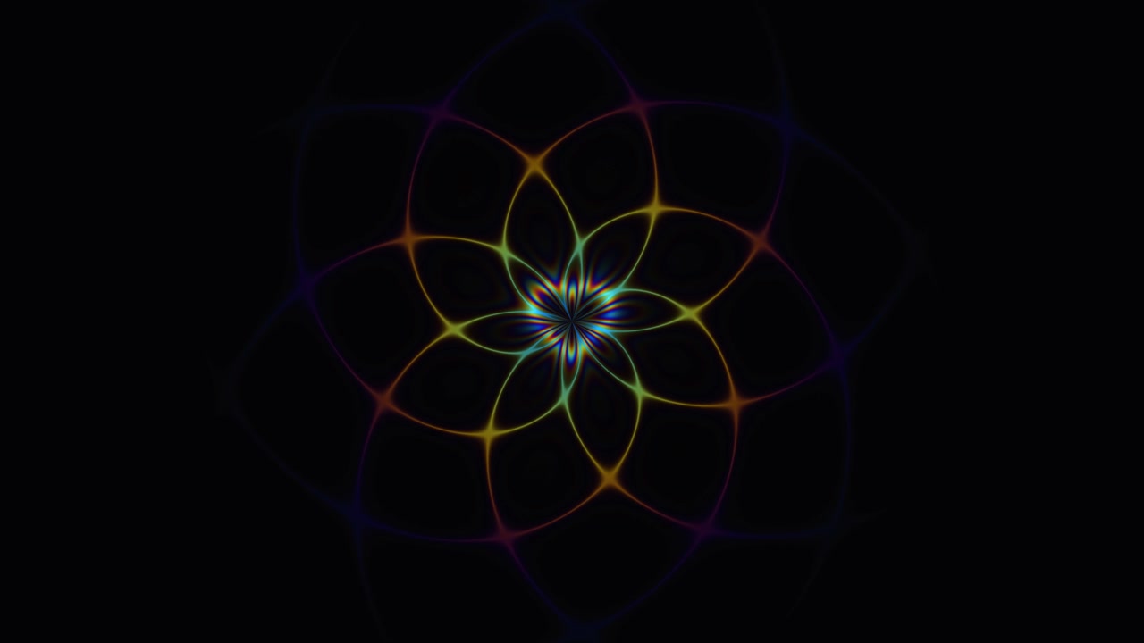 Questo design presenta un motivo mandala colorato creato con linee luminose che si irradiano da un punto centrale su uno sfondo scuro. Il motivo mostra simmetria e profondità attraverso le sue curve vibranti