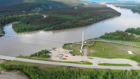 4K-Drone-Video-of-Trans-Alaska-Oil-Pipeline-Bridge-over-the-Tanana-River-near-Big-Delta,-AK-during-Summer