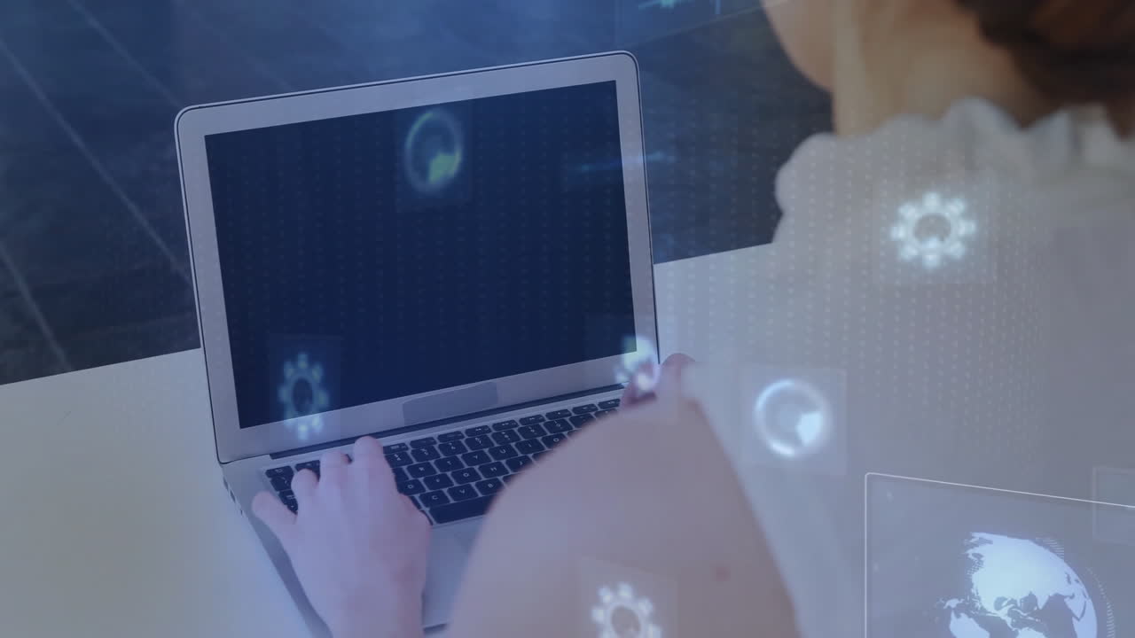 Person working on laptop with digital data processing animation overlay