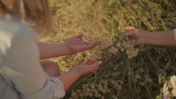Close-up of two women observing and holding a delicate wildflower, with their hands gently touching the plant while kneeling in a grassy field