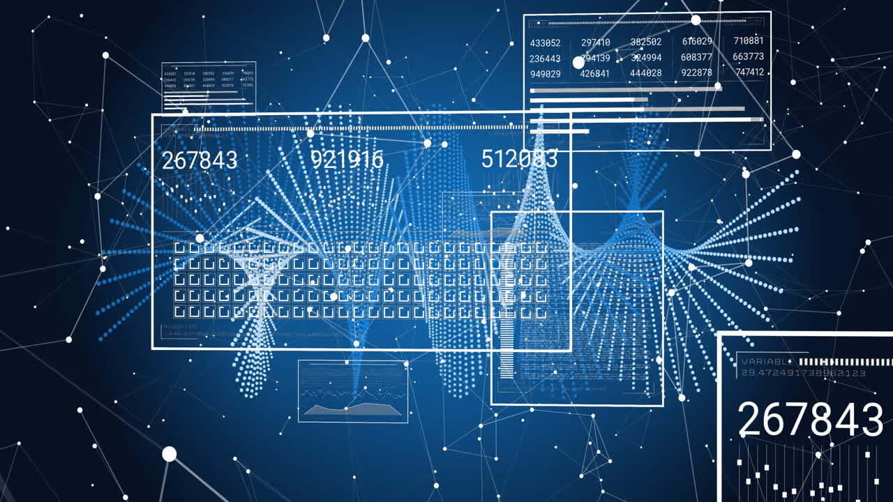 Animation of dna strand spinning and data processing on blue background