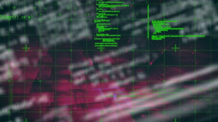Digital animation of data processing over grid network against pink background