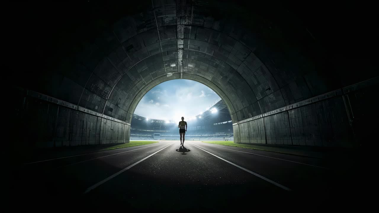 Sprinter, der von einem hellen sich öffnenden Tunnel gezeichnet wird und sich in einem Trägerhemd mit sichtbarer Startnummer auf ein Stadion zubewegt