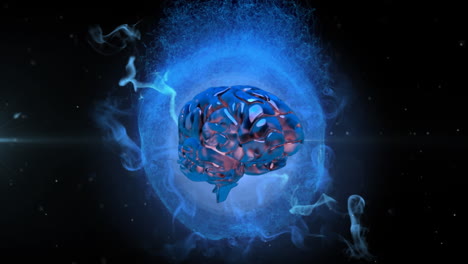 animation of human brain spinning over blue digital wave against black background