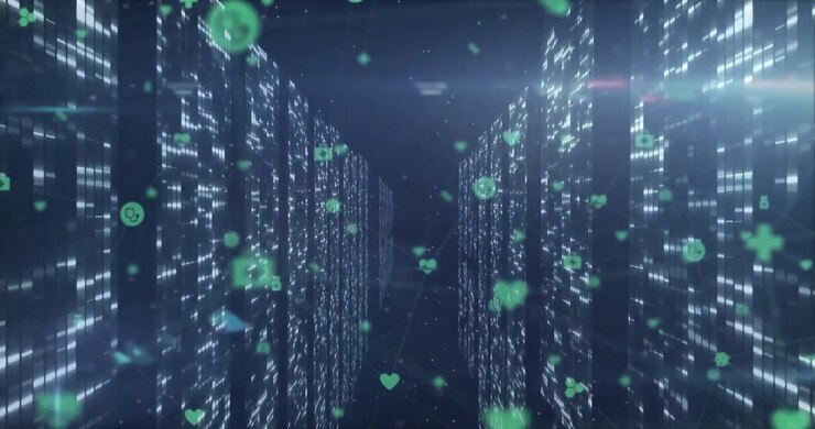 Triggered by lit panels icons emerging and drifting through 3D data corridor visualizing data flow