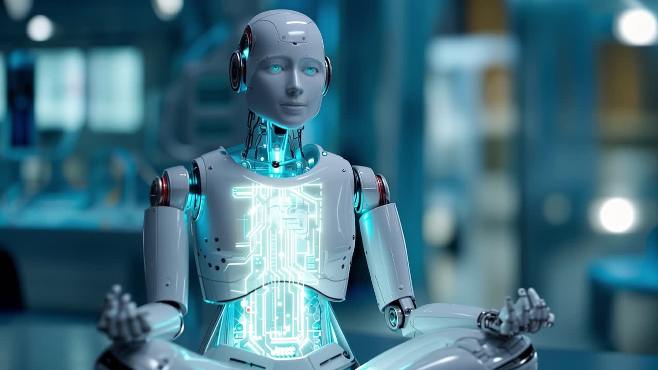 Robot umanoide in meditazione e in piedi in un laboratorio futuristico
