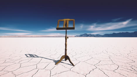 Lonely music stand on the white salt flats beneath a blue sky