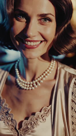 smiling woman in pearl necklace and lace