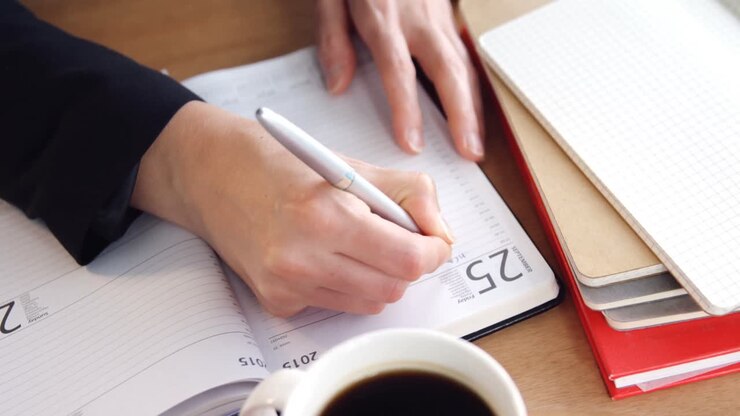 Businesswoman writing in diary