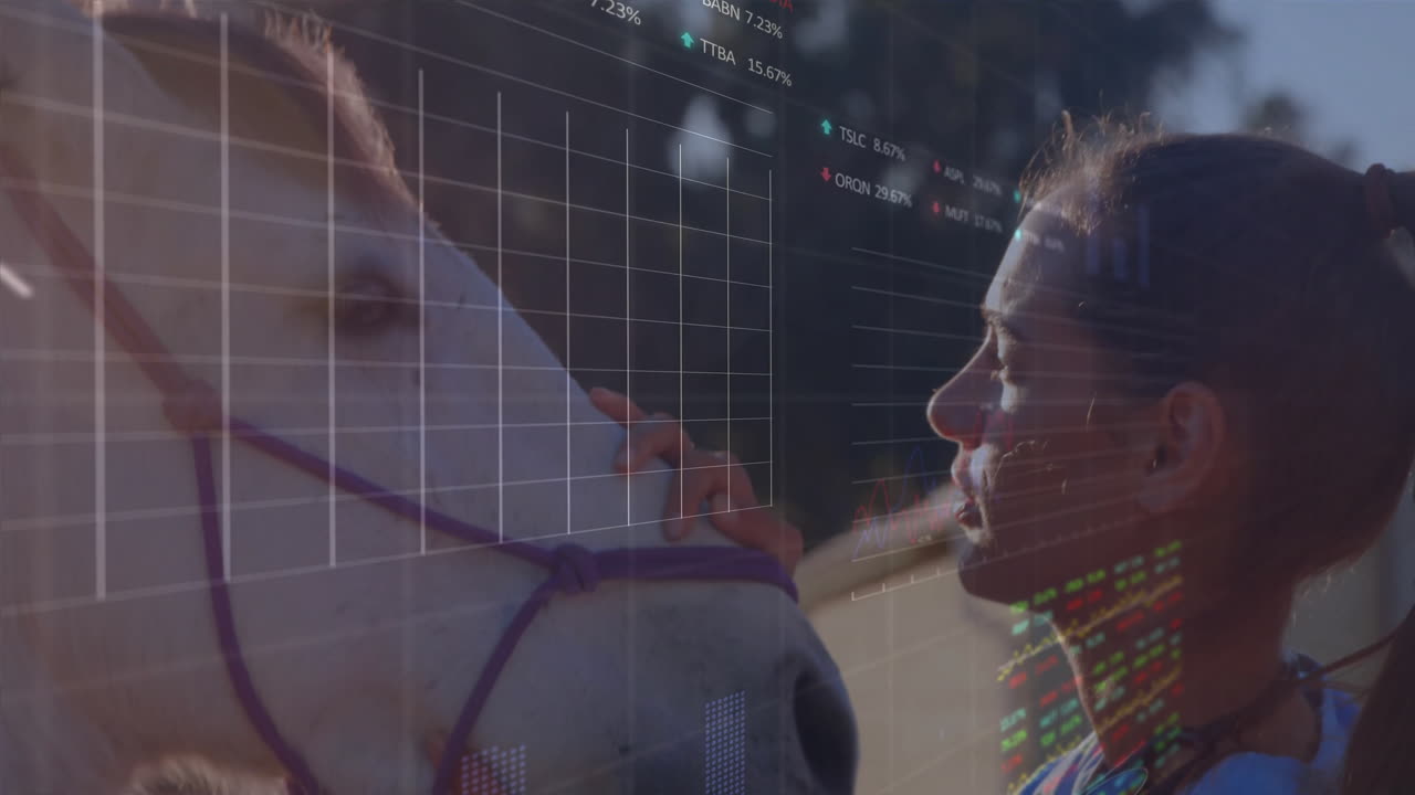 Petting horse, woman with stock market data animation overlay