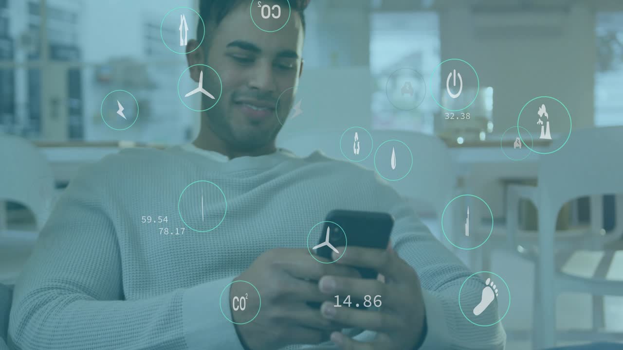 Man reclining raising smartphone scrolling through augmented energy metrics view for green living
