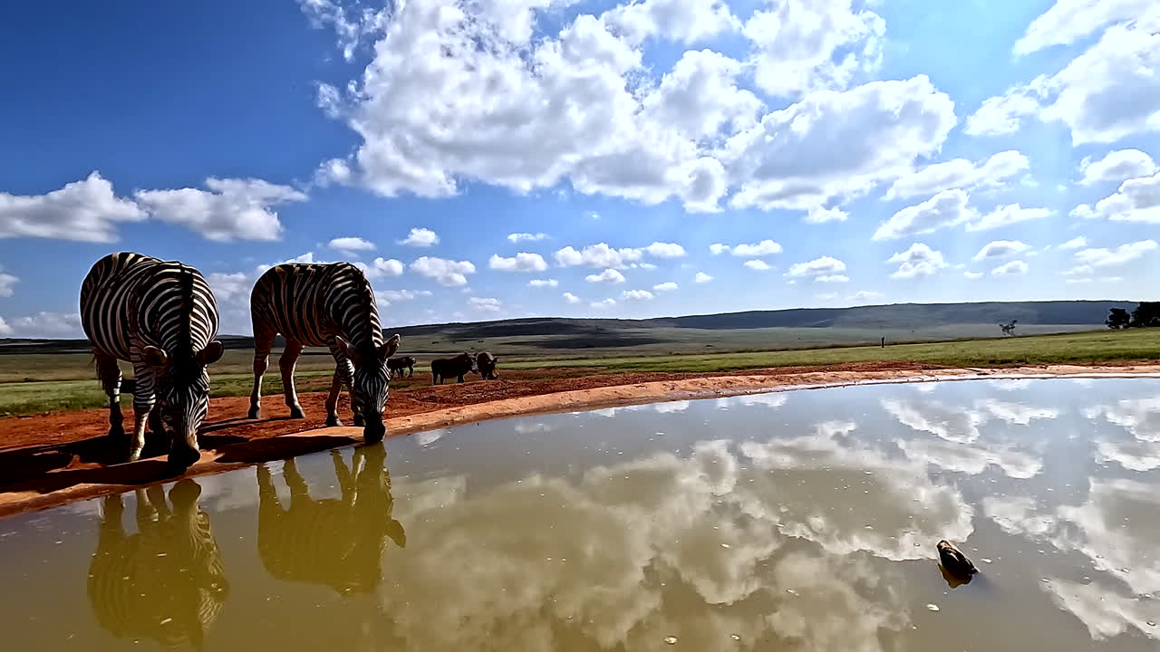 Pair of zebras drinking at artificial waterhole with rhino in background