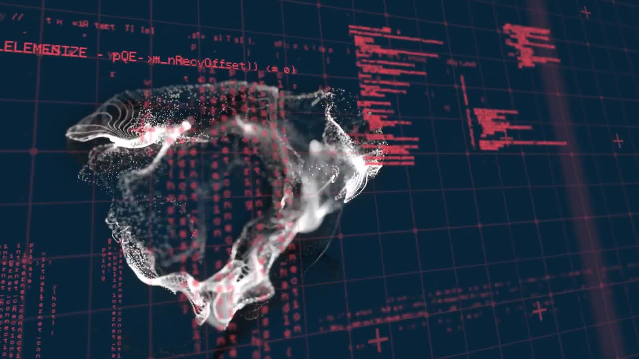Animation of computer language and grid pattern over white abstract pattern on black background