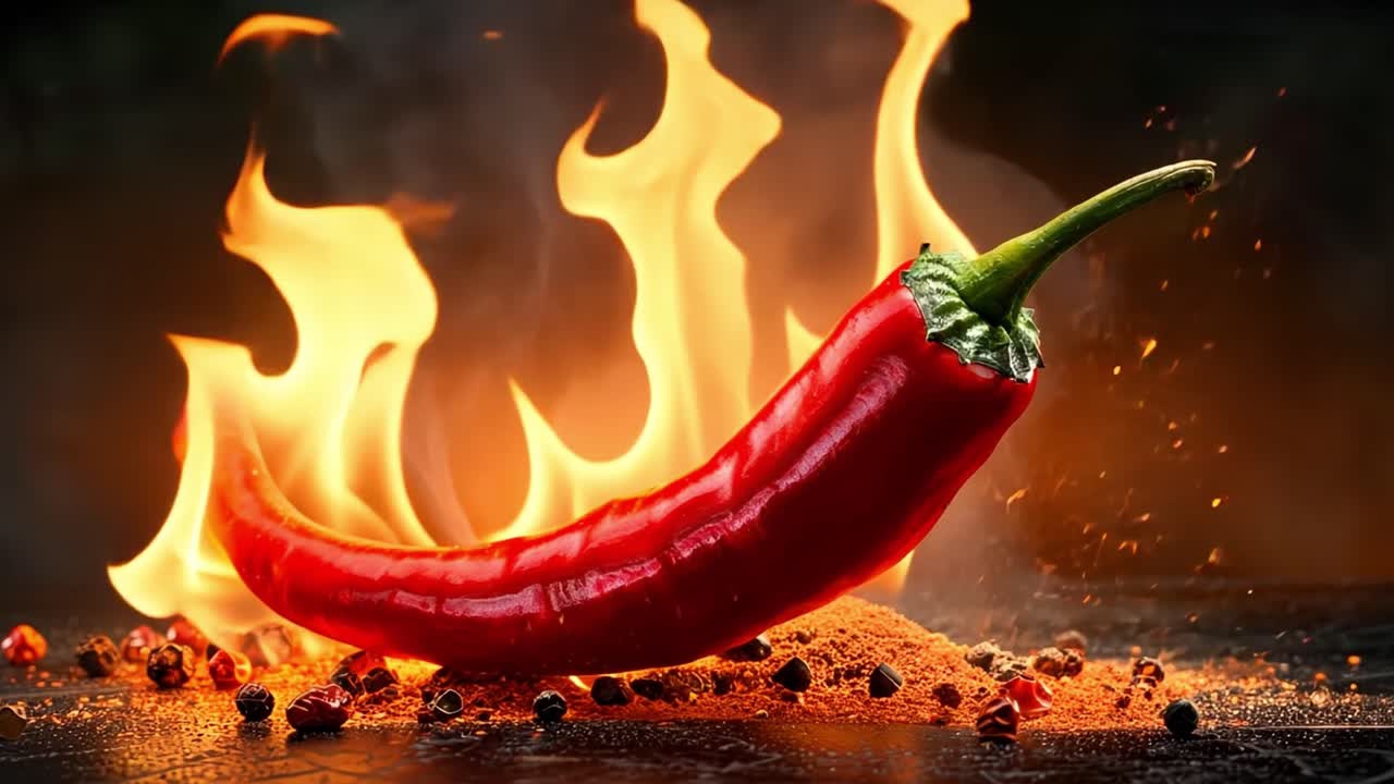 Red Chili Pepper with Flames and Spices