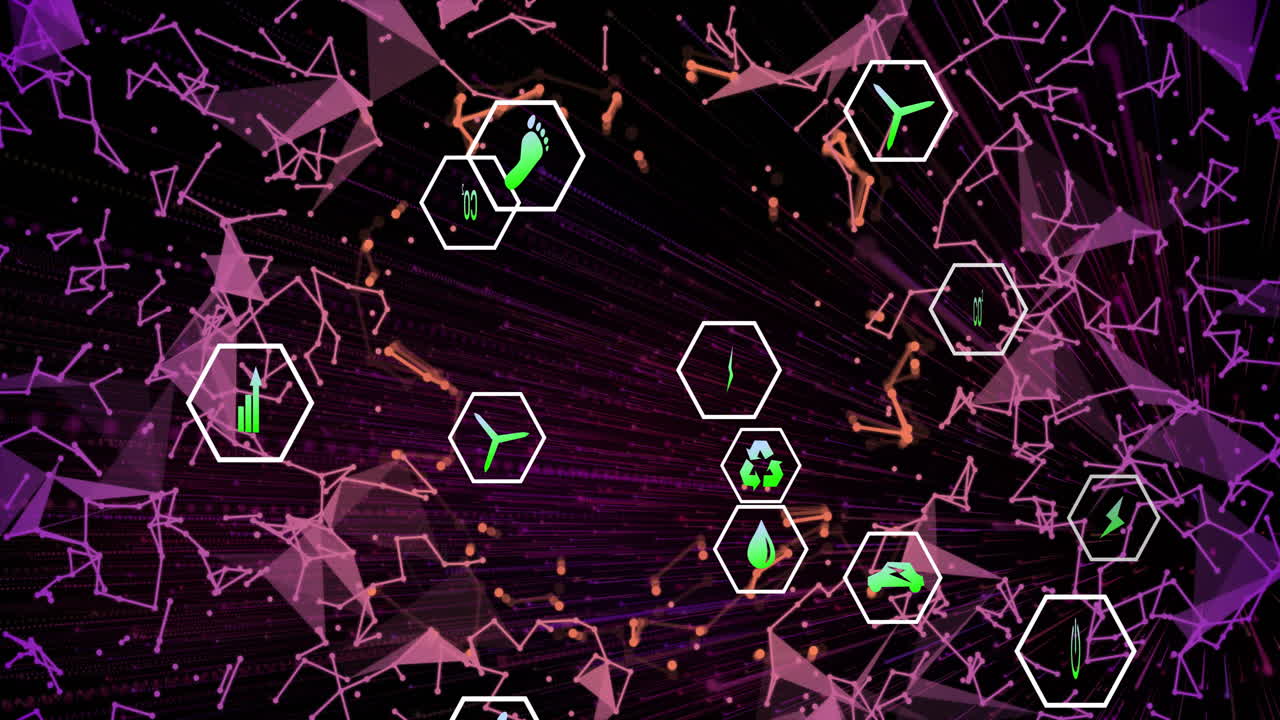 iconos hexagonales con símbolos ecológicos sobre animación de red digital abstracta