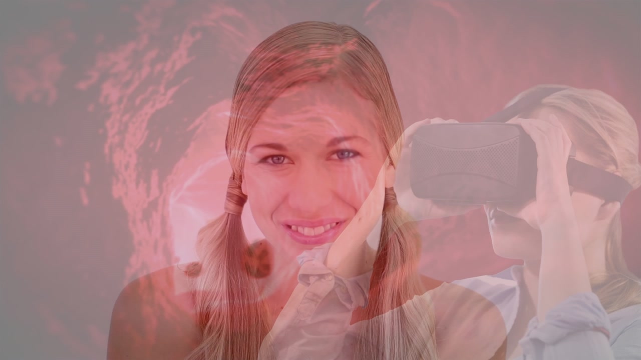 Composite video of blood vessels over woman wearing vr headset against sick woman blowing her nose