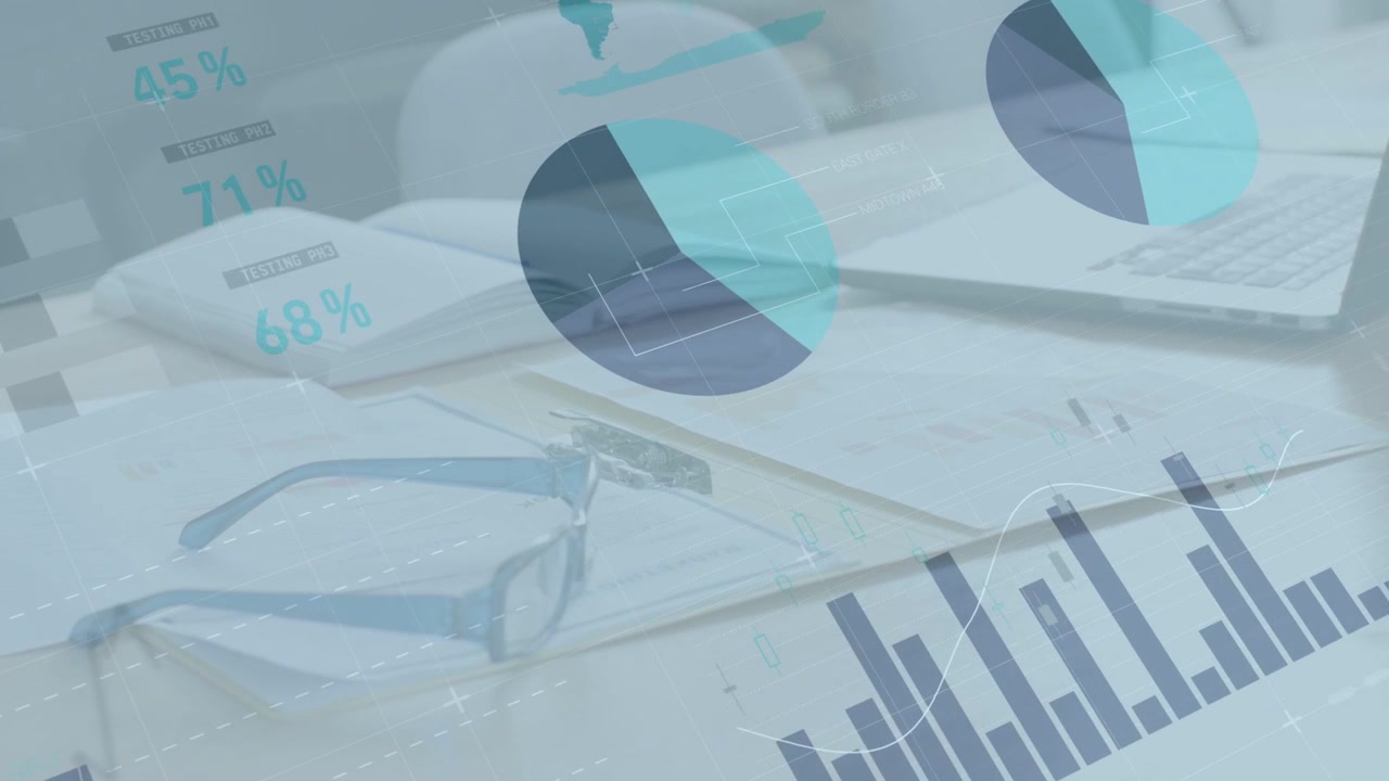 Blue glasses resting on reports as overlay appearing while charts fading, sliding, growing for data