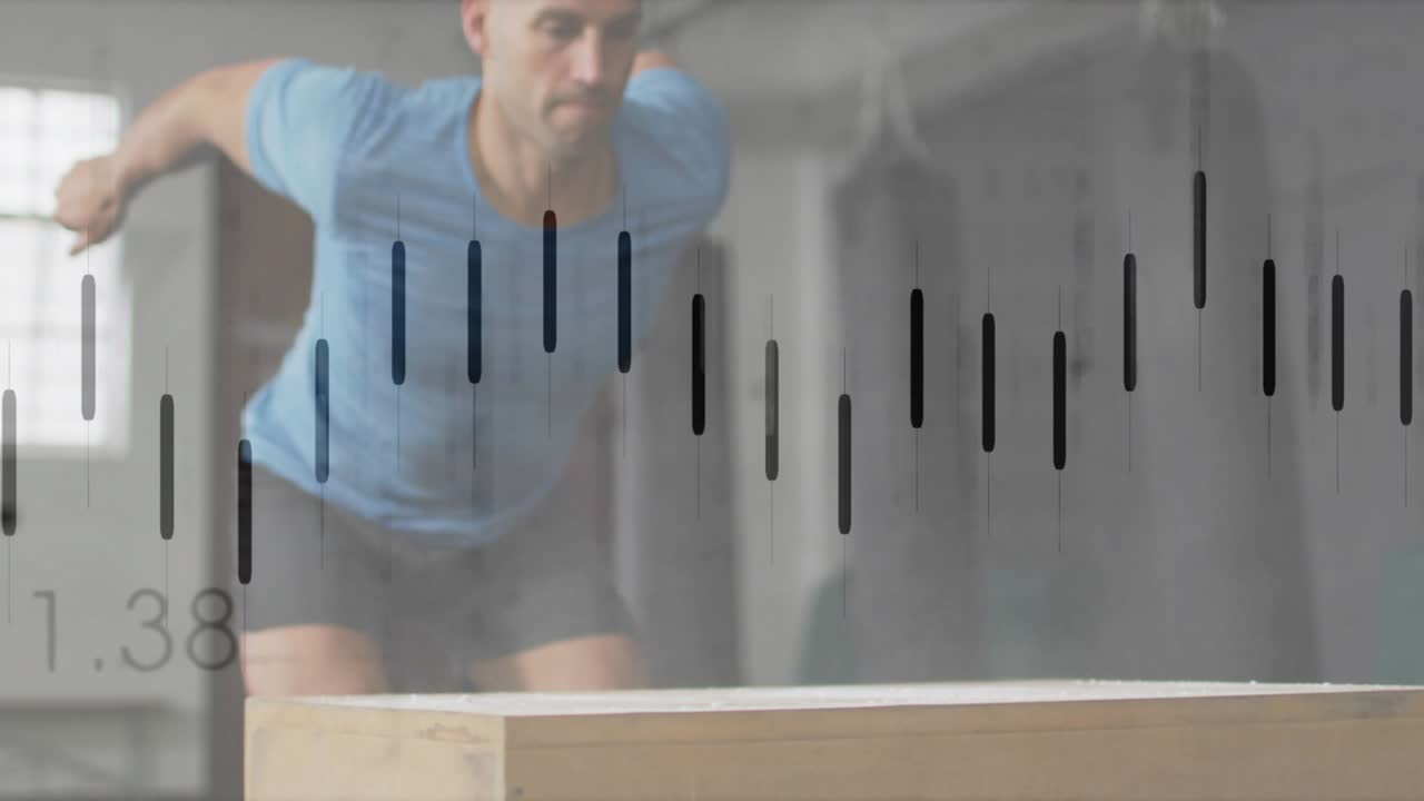 Man repeating plyo box jumps after crouch, gym waveform overlay aligning with subject tracking data