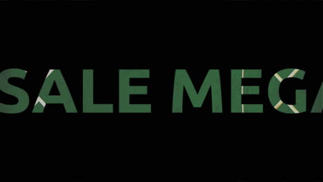 animación de mega venta en texto blanco con cruces rosadas sobre un patrón caleidoscópico verde y blanco