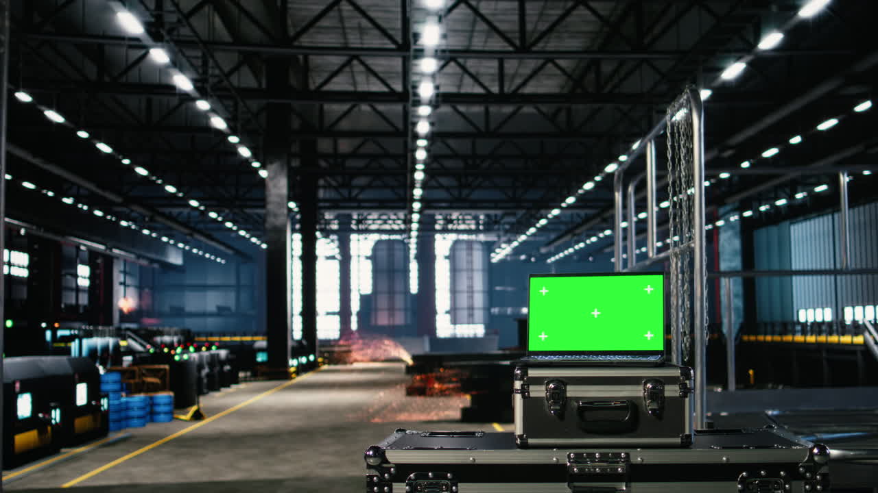 Isolated screen in empty engineering facility with industrial design