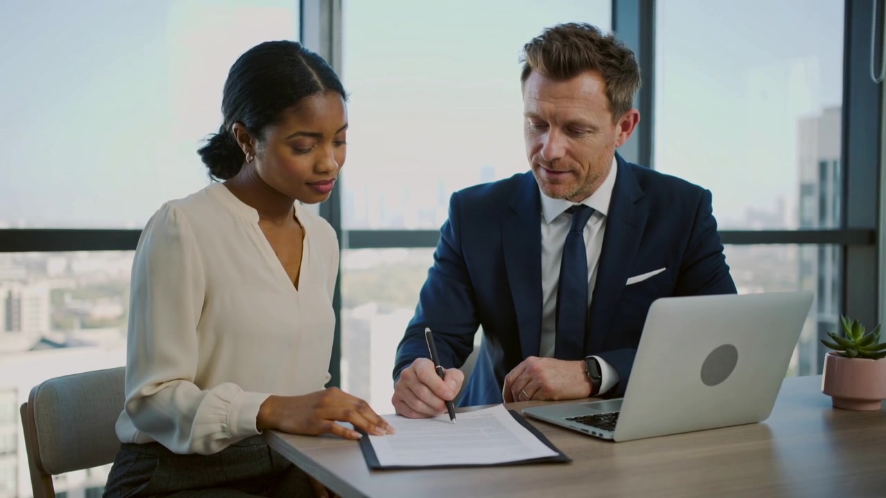 Pointing woman and man in business attire signing finalizing contract at office with clipboard pen