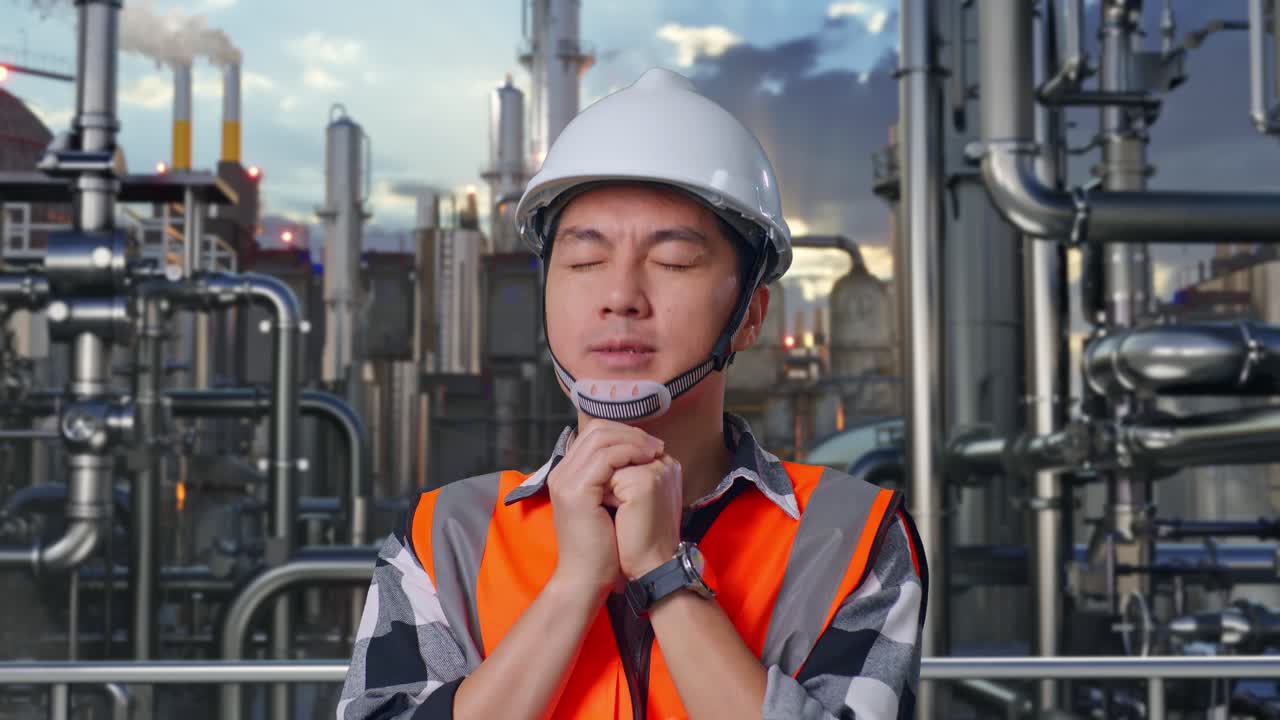 Close Up Of Asian Male Engineer With Safety Helmet Pray For Something While Standing In a Refinery, Oil Processing Equipment And Machinery