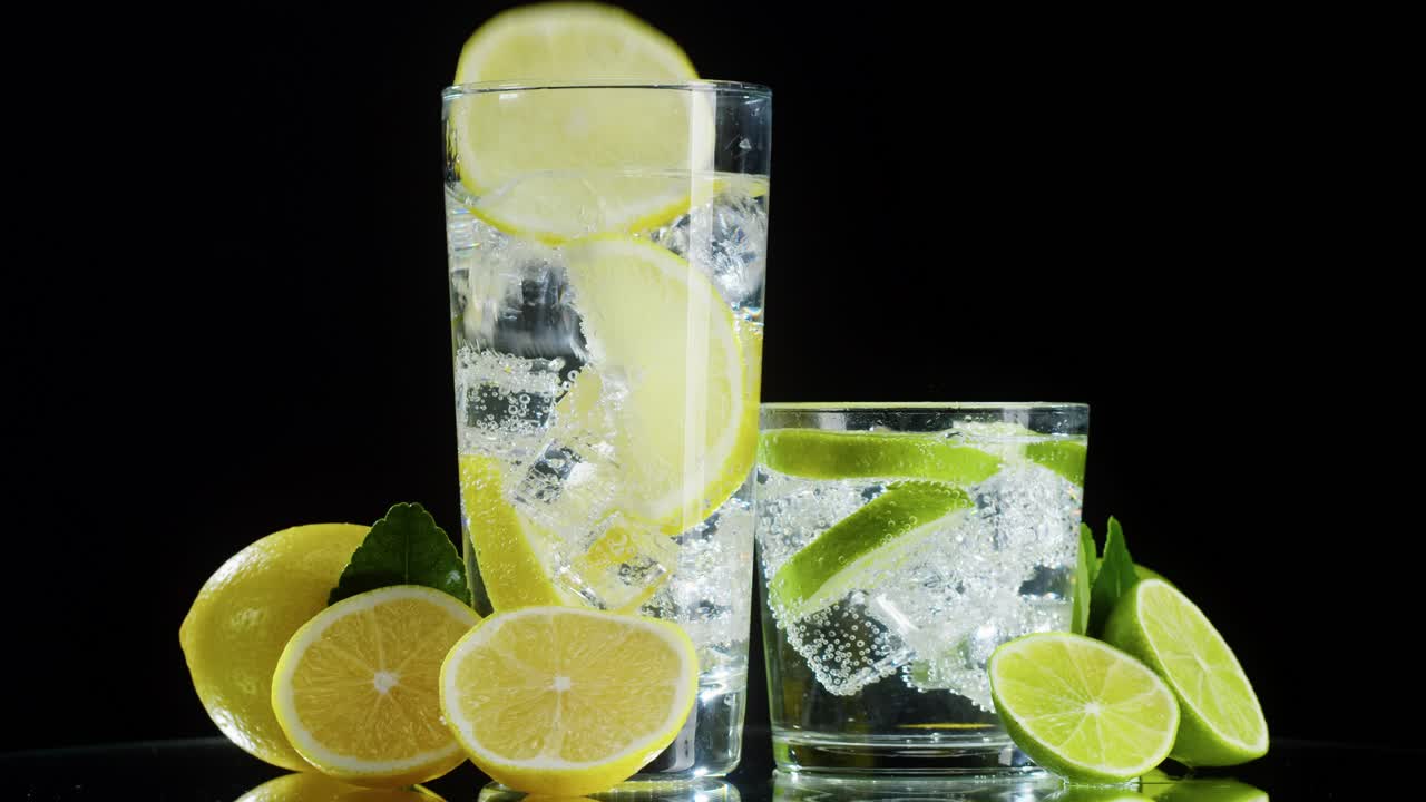 Acqua frizzante rinfrescante al limone e lime con ghiaccio e frutta