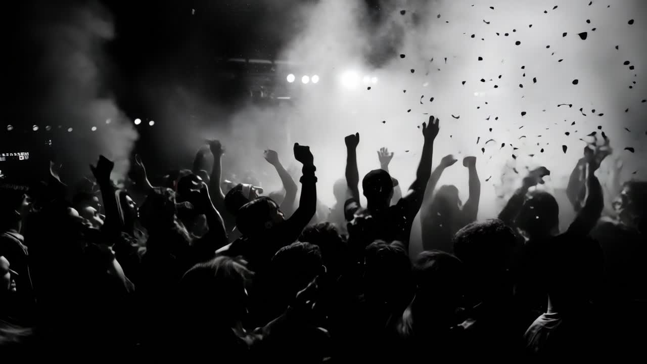 Dynamic black and white video scene of a lively concert crowd, captured from a low angle