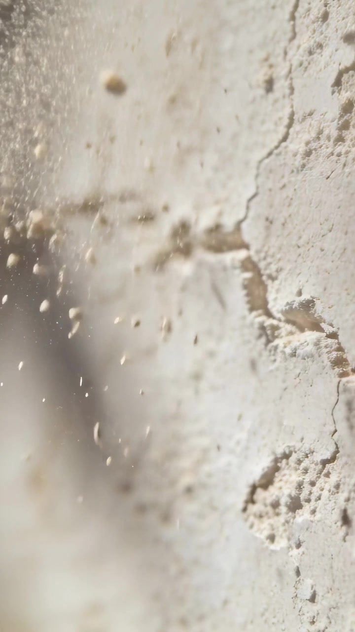 Vertical video: Showing plaster crack releasing dust and larvae after jolt inside room, copy space