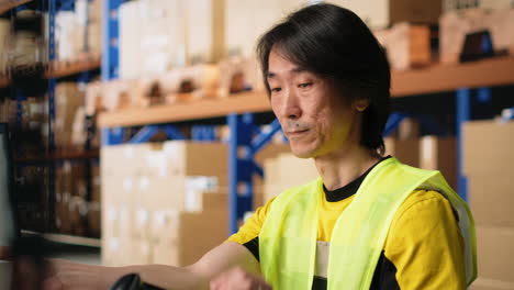 male depot worker scanning barcodes on packages in a warehouse