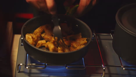 cocking-food-in-outdoor-kitchen-while-camping-during-van-life-holiday