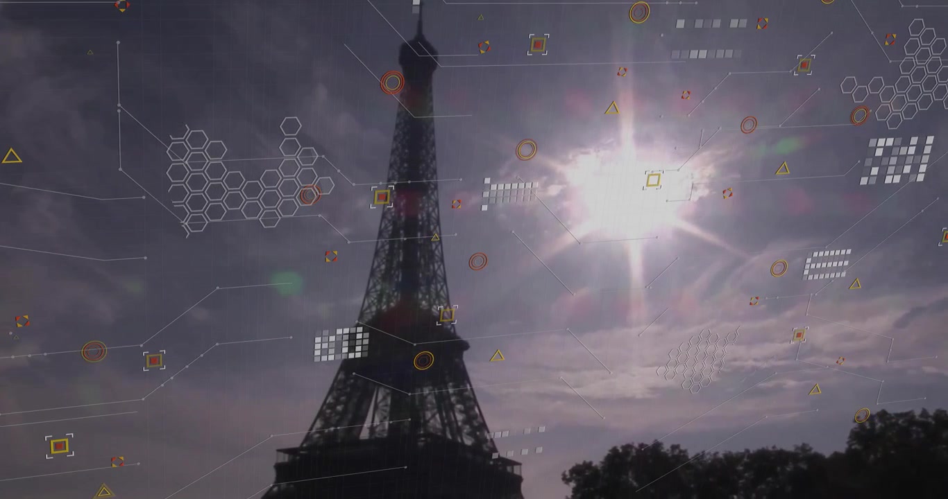 Il sole splende, guidando sovrapposizioni di dati che emergono sulla Torre Eiffel, incorniciando la torre e il sole in una rete HUD.