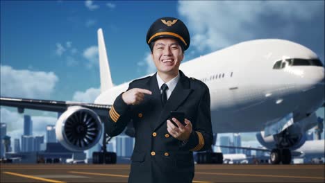 piloto con teléfono inteligente en el aeropuerto